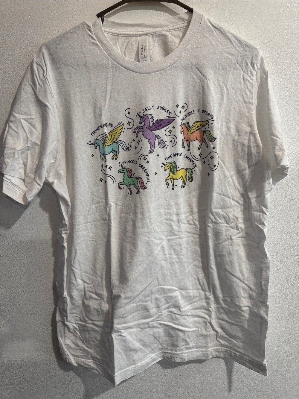 Bella Canvas White Tee with Colorful Unicorn Prints size Large